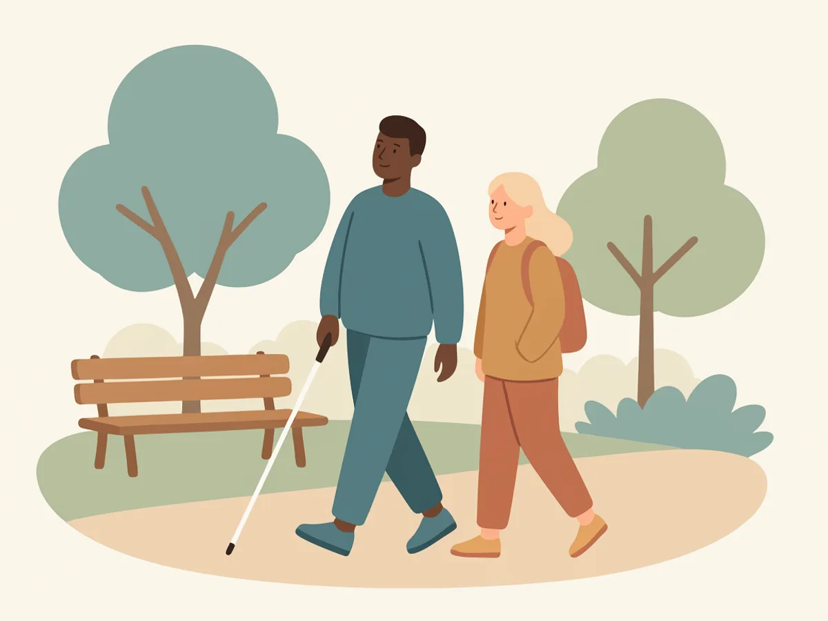 Illustration: Zwei Personen gehen im Gespräch über einen Parkweg; die eine führt einen weissen Langstock, die andere trägt einen Rucksack. Im Hintergrund eine Sitzbank und Bäume.