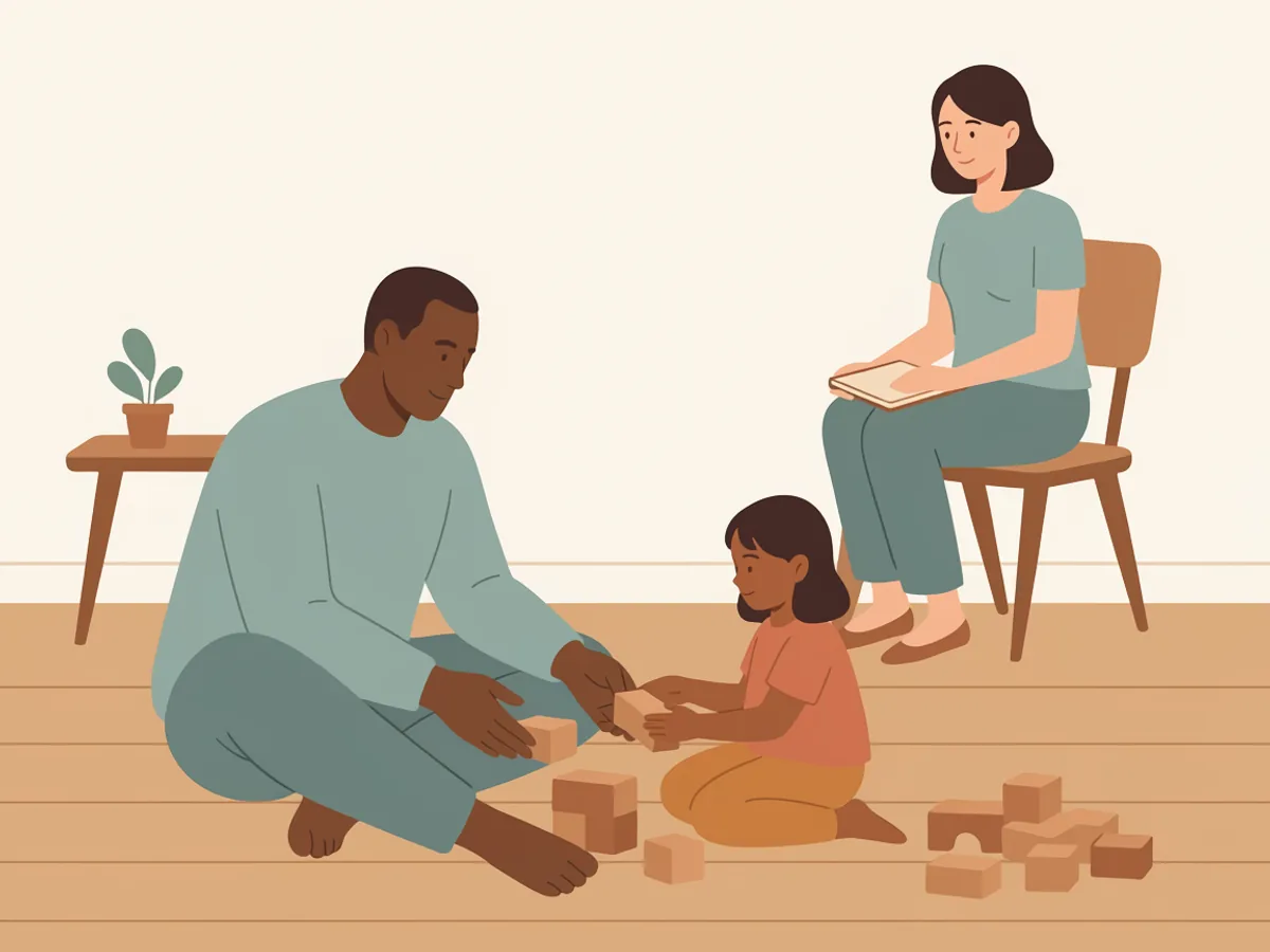 Illustration: Ein Erwachsener sitzt mit einem Kind auf dem Boden und baut mit Holzklötzen, im Hintergrund sitzt eine weitere Person mit einem Notizbuch auf einem Stuhl.