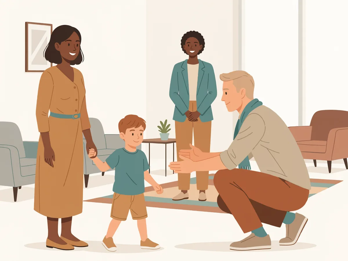 Illustration: In einem Wartebereich mit Sesseln geht ein Kind auf eine in die Hocke gegangene erwachsene Person zu, die ihm die Arme entgegenstreckt; links hält eine zweite erwachsene Person seine Hand, im Hintergrund steht eine dritte.